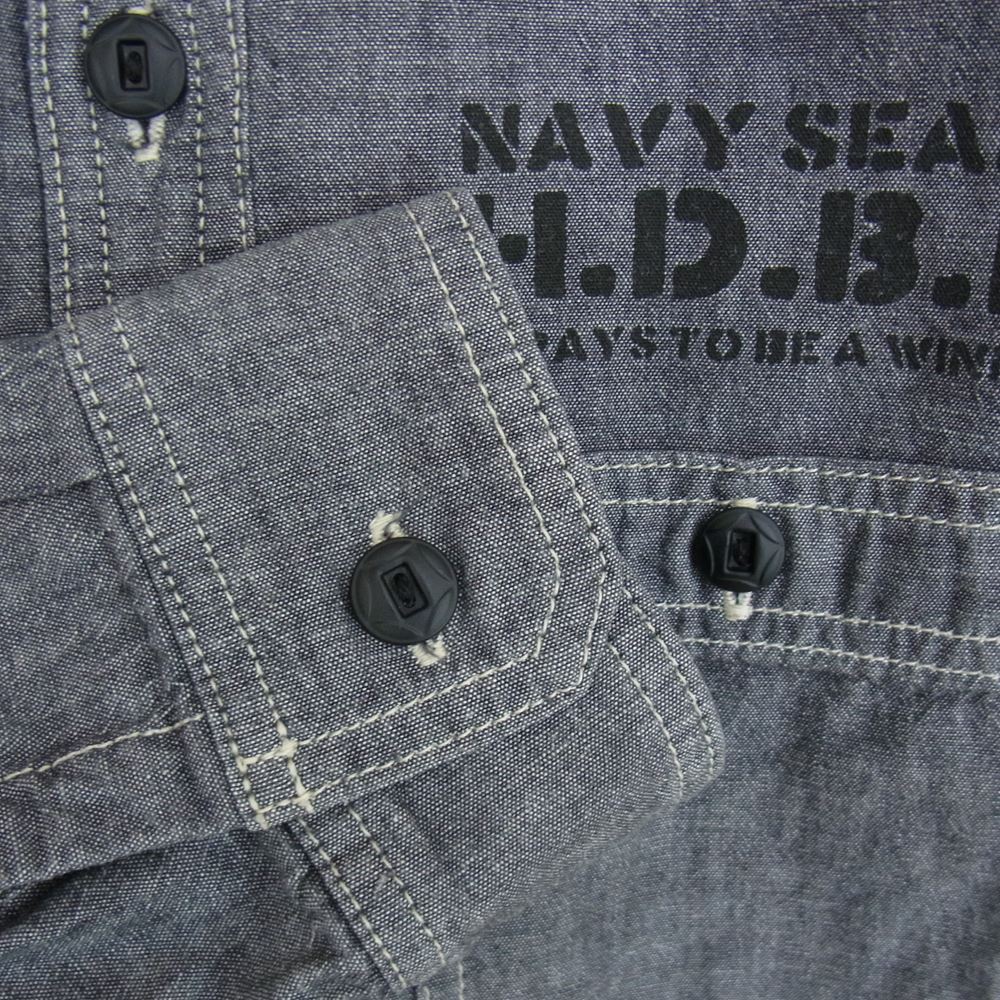 THE FLAT HEAD ザフラットヘッド HARD BIRD プリント シャンブレー ワーク シャツ ブラック系 40【中古】