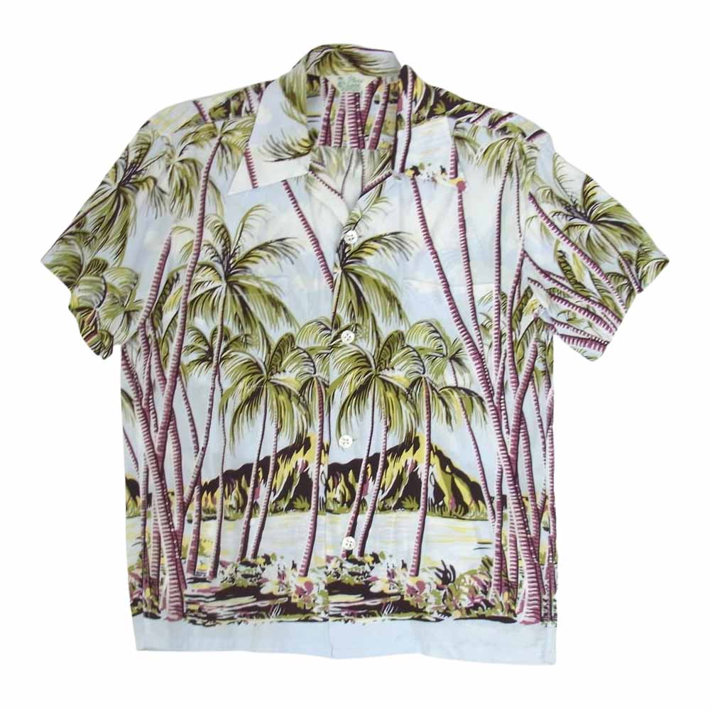 THE FLAT HEAD ザフラットヘッド アロハ ハワイアン レーヨン プリント 半袖 シャツ 薄青系 S【中古】