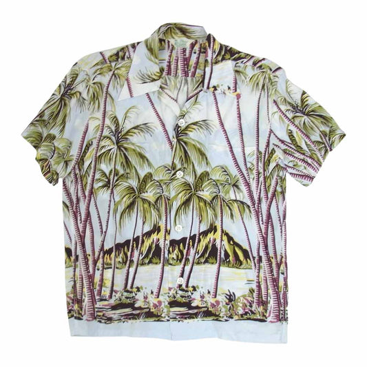 THE FLAT HEAD ザフラットヘッド アロハ ハワイアン レーヨン プリント 半袖 シャツ 薄青系 S【中古】