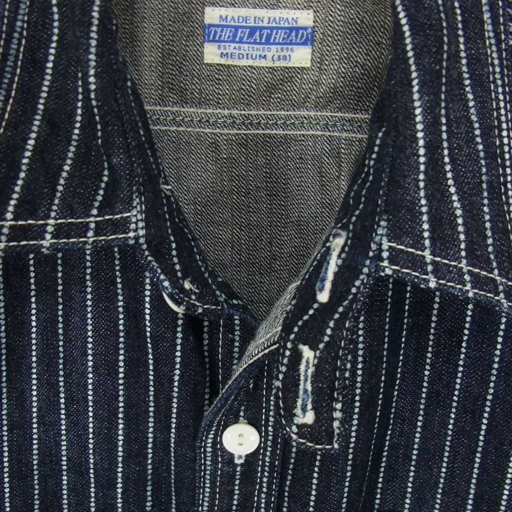 THE FLAT HEAD ザフラットヘッド ウォバッシュ ストライプ ワーク シャツ インディゴブルー系 38【中古】