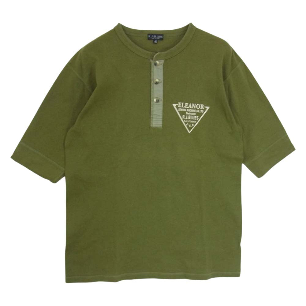 THE FLAT HEAD ザフラットヘッド R.J.B アールジェイビーヘンリーネック 猫目ボタン Tシャツ  カーキ系 40【中古】