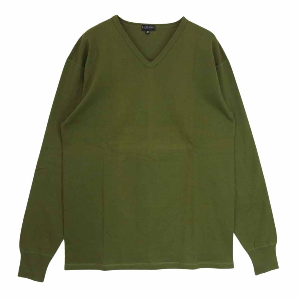 THE FLAT HEAD ザフラットヘッド R.J.B アールジェイビー Vネック Tシャツ オリーブ カーキ系 42【中古】