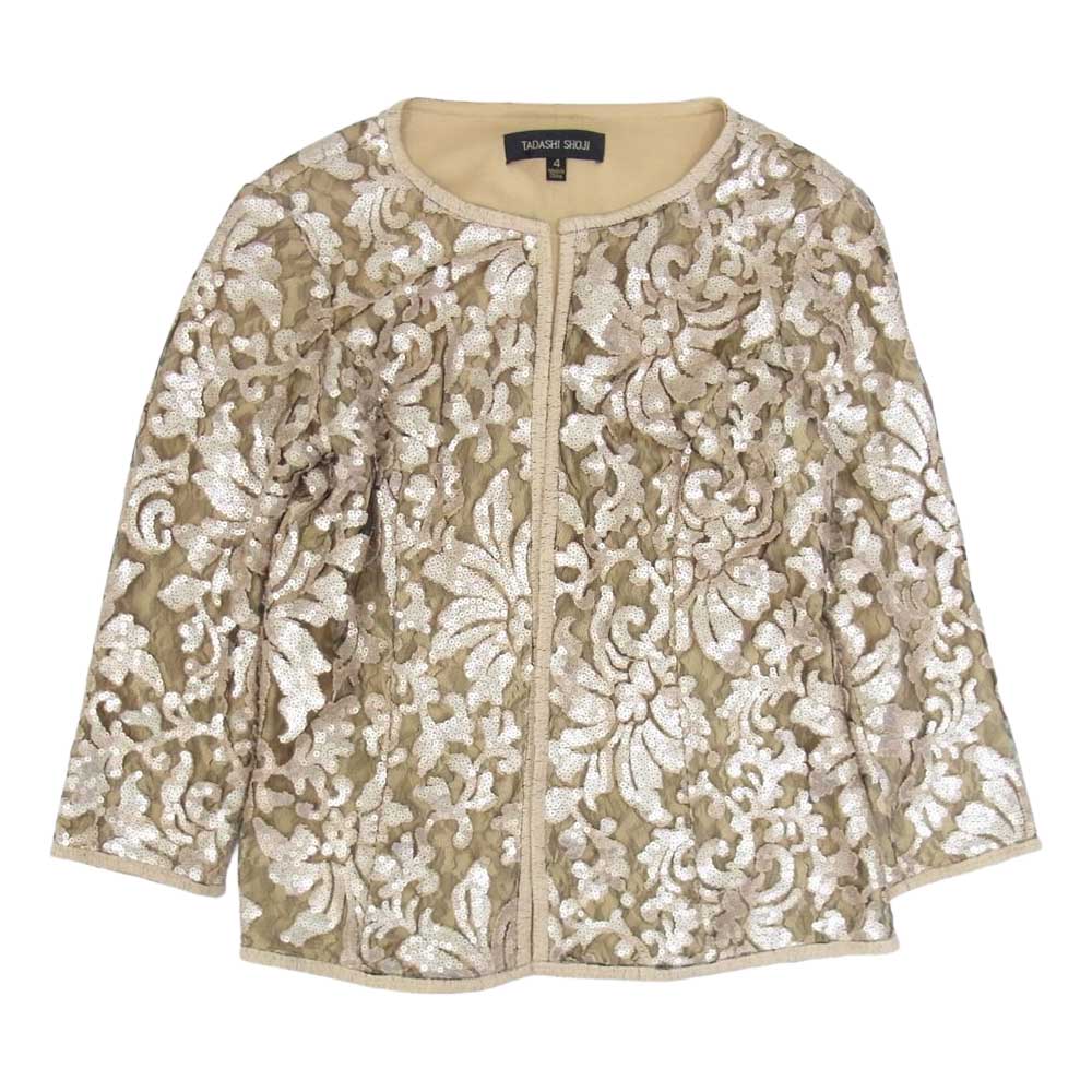 タダシ ショージ スパンコール レース装飾 ノーカラー カーディガン ジャケット ベージュ系 4【中古】