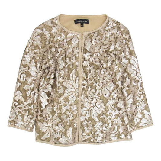 タダシ ショージ スパンコール レース装飾 ノーカラー カーディガン ジャケット ベージュ系 4【中古】