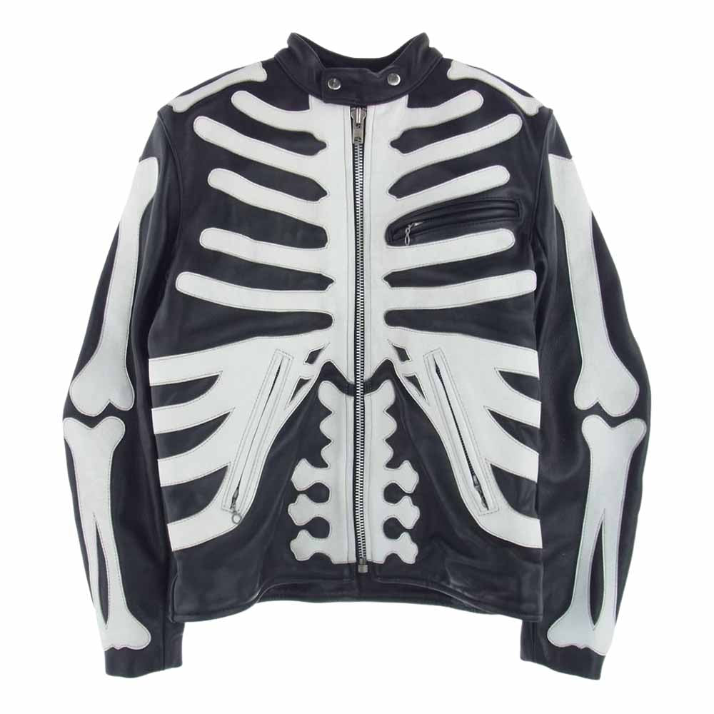 VANSON バンソン B BONE JACKET Bボーン シングル ライダース ジャケット スケルトン 牛革 レザー ライナー付 ブラック系 ホワイト系 40【中古】