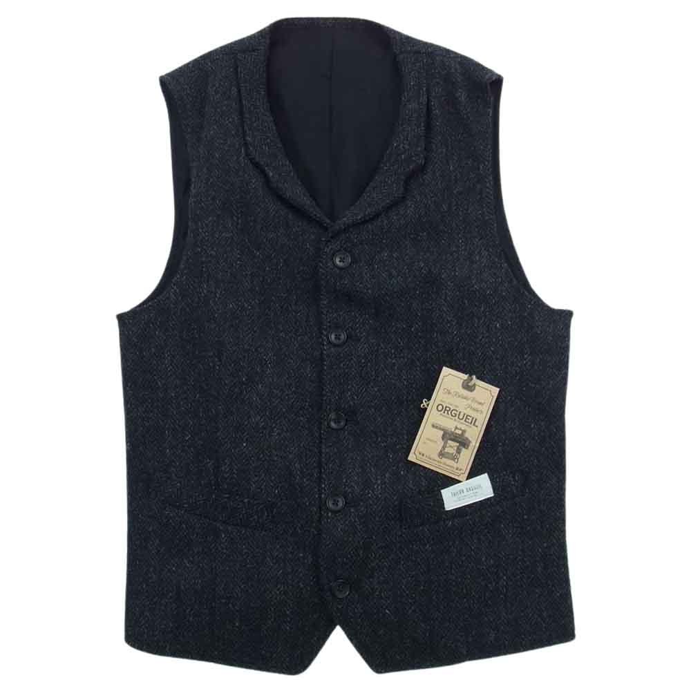 ORGUEIL オルゲイユ OR-4205B OR-4215B OR-1080B Harris Tweed Sack Coat Gilet Trousers ハリスツイード サックコート ジレ ベスト トラウザー パンツ ３ピース セットアップ スーツ ブラック系 ジャケット(38)・ベスト(40)・パンツ(32)【美品】【中古】