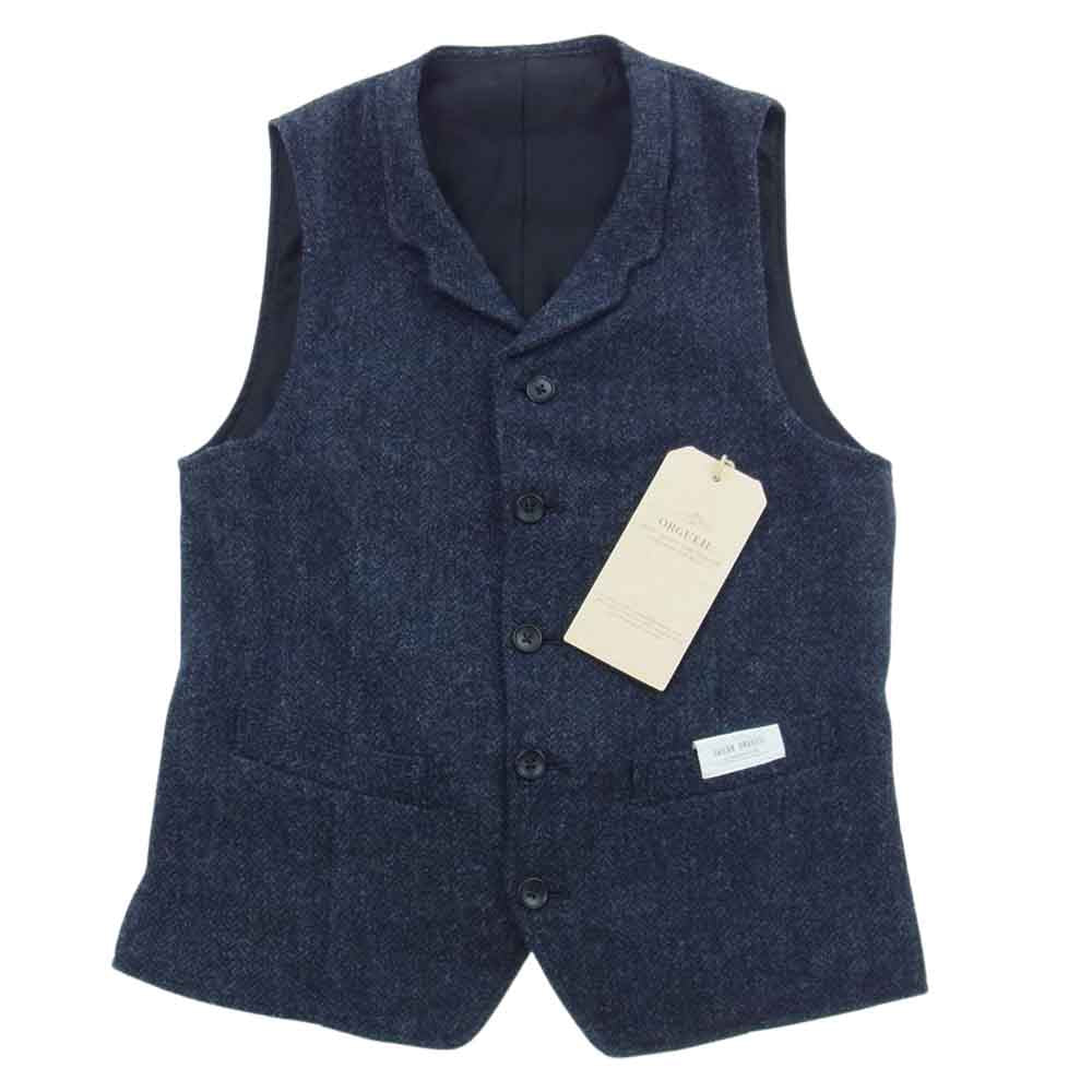 ORGUEIL オルゲイユ OR-4205B OR4215B OR-1080B Harris Tweed Sack Coat Gilet Trousers ハリスツイード サックコート ジレ ベスト トラウザー パンツ ３ピース セットアップ スーツ ネイビー系 ジャケット(38)・ベスト(38)・パンツ(31)【美品】【中古】