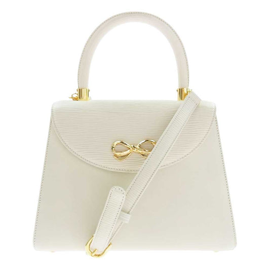 モリハナエ レザー ショルダー ハンドバッグ ゴールドリボン オフホワイト系【中古】