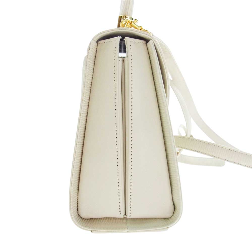 モリハナエ レザー ショルダー ハンドバッグ ゴールドリボン オフホワイト系【中古】
