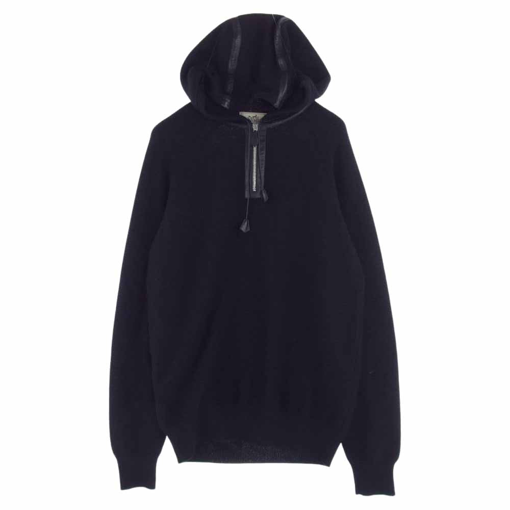 HERMES エルメス 国内正規品 レザートリム クロシェットドローコード アルパカ100％ ハーフジップ ニット パーカー ブラック系 M【中古】