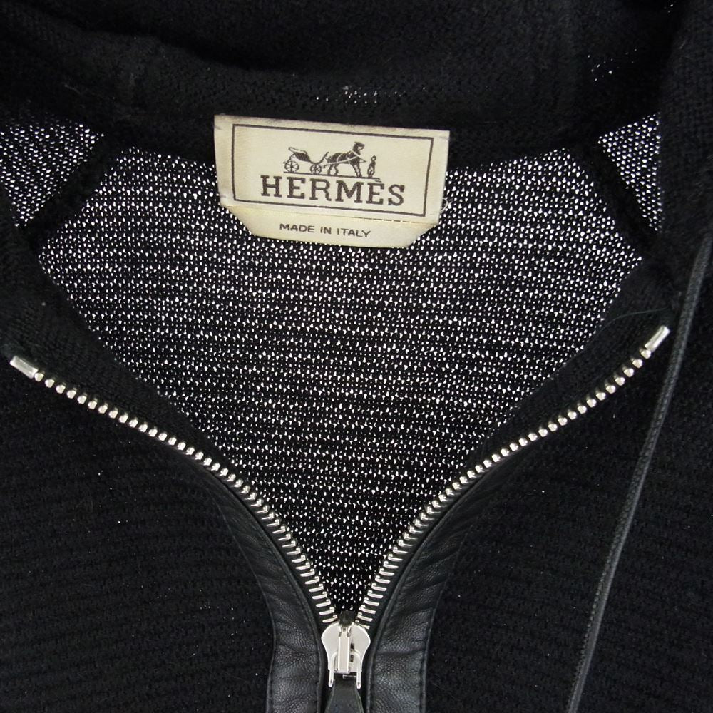 HERMES エルメス 国内正規品 レザートリム クロシェットドローコード アルパカ100％ ハーフジップ ニット パーカー ブラック系 M【中古】