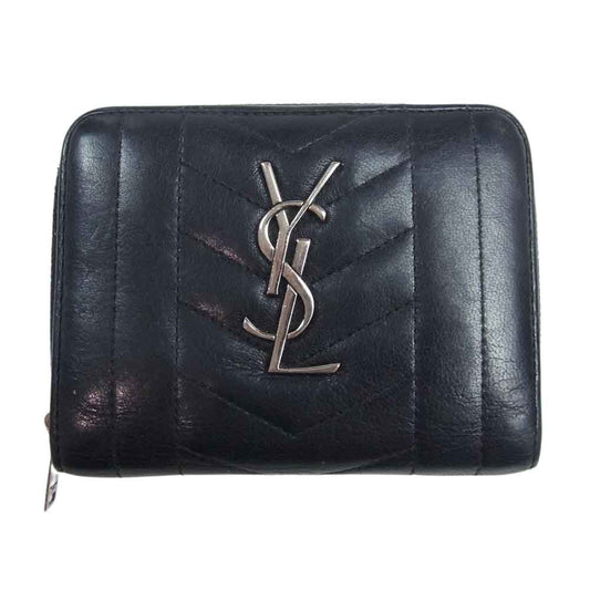 SAINT LAURENT サンローラン YSLロゴ キルティング モノグラム ラウンドジップ 財布 ブラック系【中古】