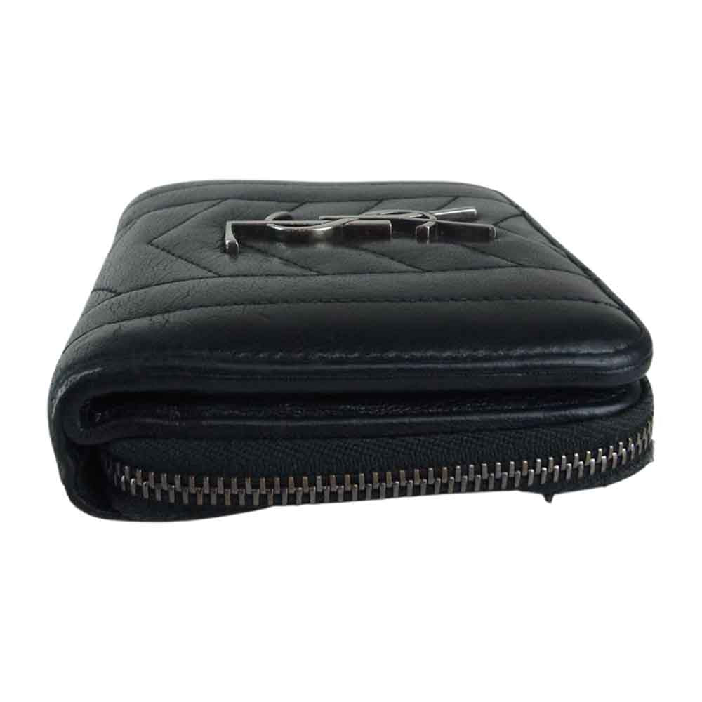 SAINT LAURENT サンローラン YSLロゴ キルティング モノグラム ラウンドジップ 財布 ブラック系【中古】
