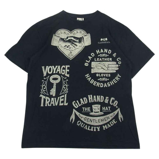 GLADHAND & Co. グラッドハンド シェイクハンド ハート 総柄 プリント Tシャツ 半袖 ブラック ブラック系 XL【中古】