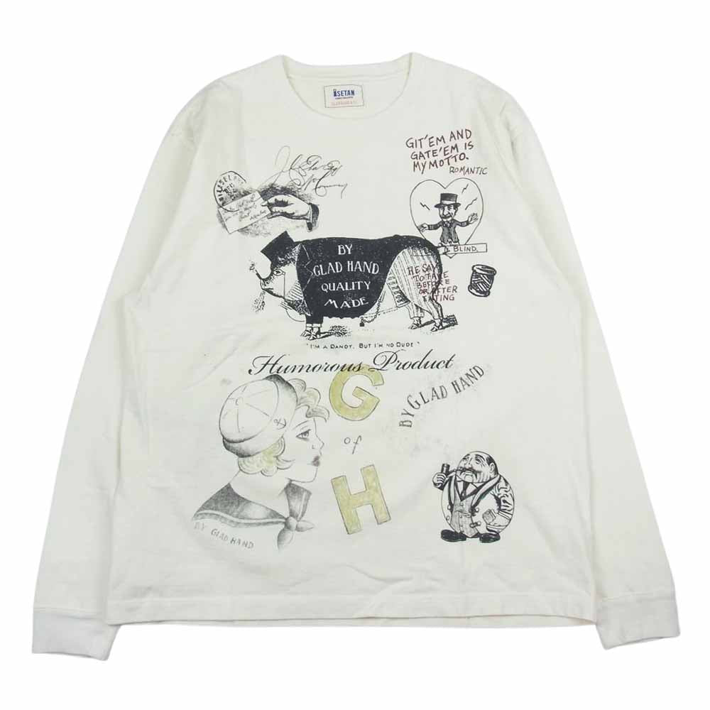 GLADHAND & Co. グラッドハンド ISETAN 伊勢丹限定 総柄 イラスト プリント Tシャツ カットソー 長袖 ホワイト オフホワイト系 XL【中古】