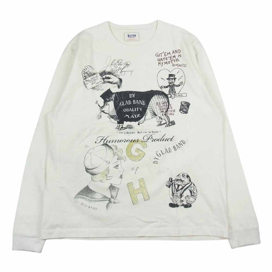 GLADHAND & Co. グラッドハンド ISETAN 伊勢丹限定 総柄 イラスト プリント Tシャツ カットソー 長袖 ホワイト オフホワイト系 XL【中古】