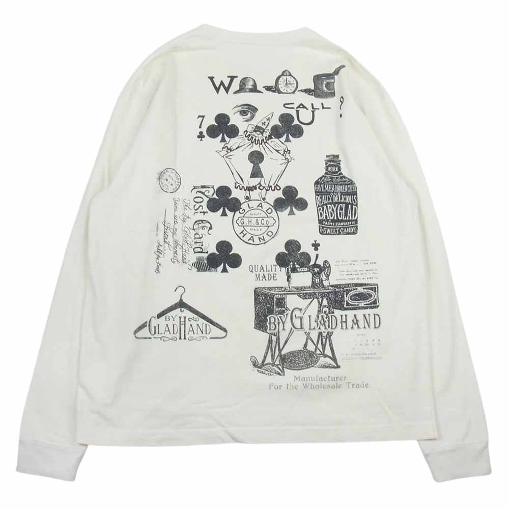 GLADHAND & Co. グラッドハンド ISETAN 伊勢丹限定 総柄 イラスト プリント Tシャツ カットソー 長袖 ホワイト オフホワイト系 XL【中古】