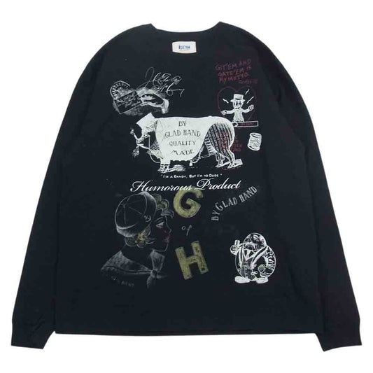 GLADHAND & Co. グラッドハンド ISETAN 伊勢丹限定 総柄 イラスト プリント Tシャツ カットソー 長袖 ブラック ブラック系 XL【中古】