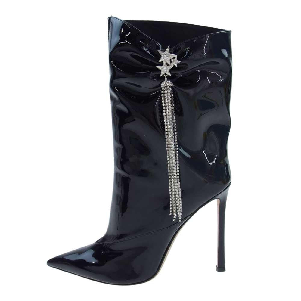 JIMMY CHOO ジミーチュウ ORIEL 110 Patent Leather Ankle Boots パテント レザー アンクル ブーツ ヒール ブラック系 37【極上美品】【中古】