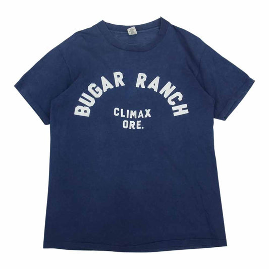 ヘインズ 70s 75年以降品 三角タグ Beefy-T シングルステッチ BUGAR RANCH CLIMAX ORE. プリント 半袖 Tシャツ ネイビー系 L【中古】