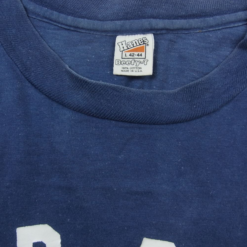 ヘインズ 70s 75年以降品 三角タグ Beefy-T シングルステッチ BUGAR RANCH CLIMAX ORE. プリント 半袖 Tシャツ ネイビー系 L【中古】