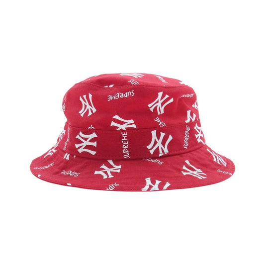 Supreme シュプリーム 15SS × NEW YORK YANKEES ニューヨークヤンキース 47 Crusher Hat ロゴ 総柄 クラッシャー バケット ハット レッド系 S-M【美品】【中古】