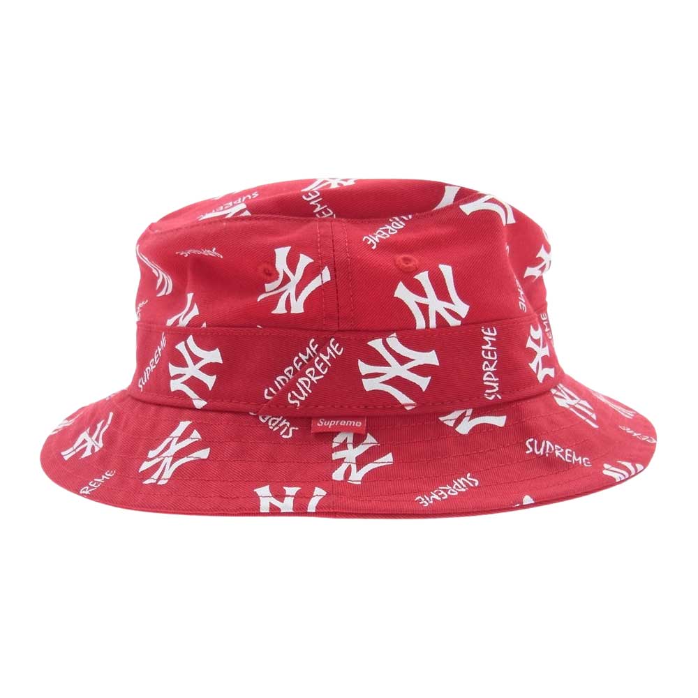 Supreme シュプリーム 15SS × NEW YORK YANKEES ニューヨークヤンキース 47 Crusher Hat ロゴ 総柄 クラッシャー バケット ハット レッド系 S-M【美品】【中古】