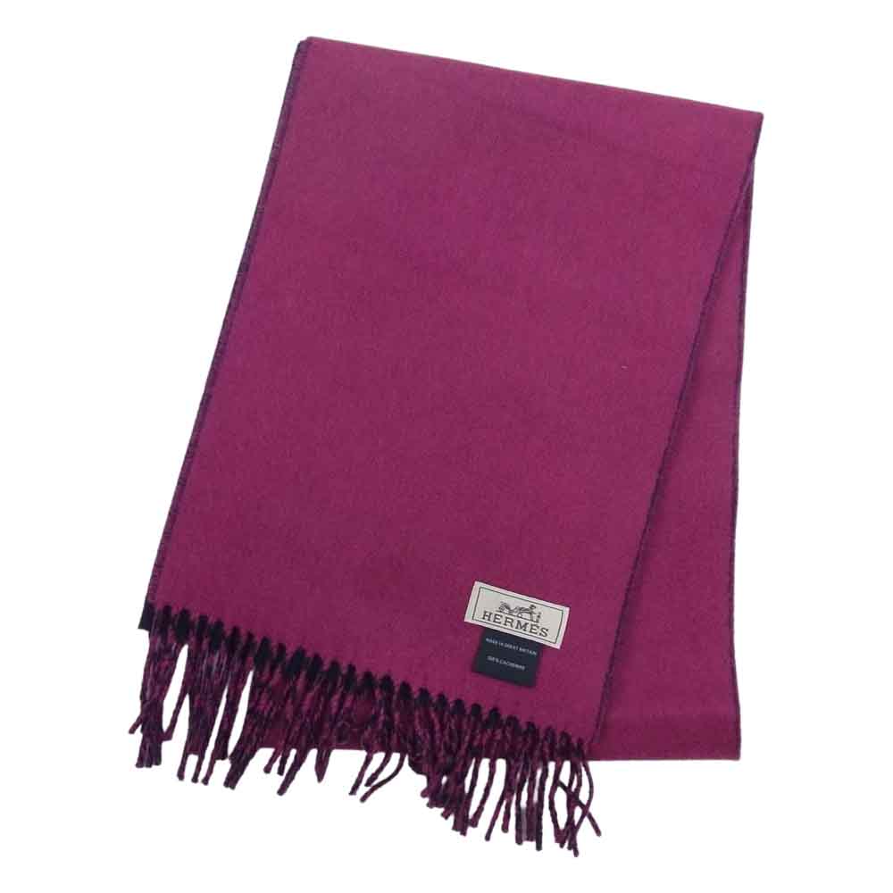 HERMES エルメス リバーシブル カシミヤ ロゴ刺繍 フリンジ マフラー ストール ネイビー系 パープル系【美品】【中古】