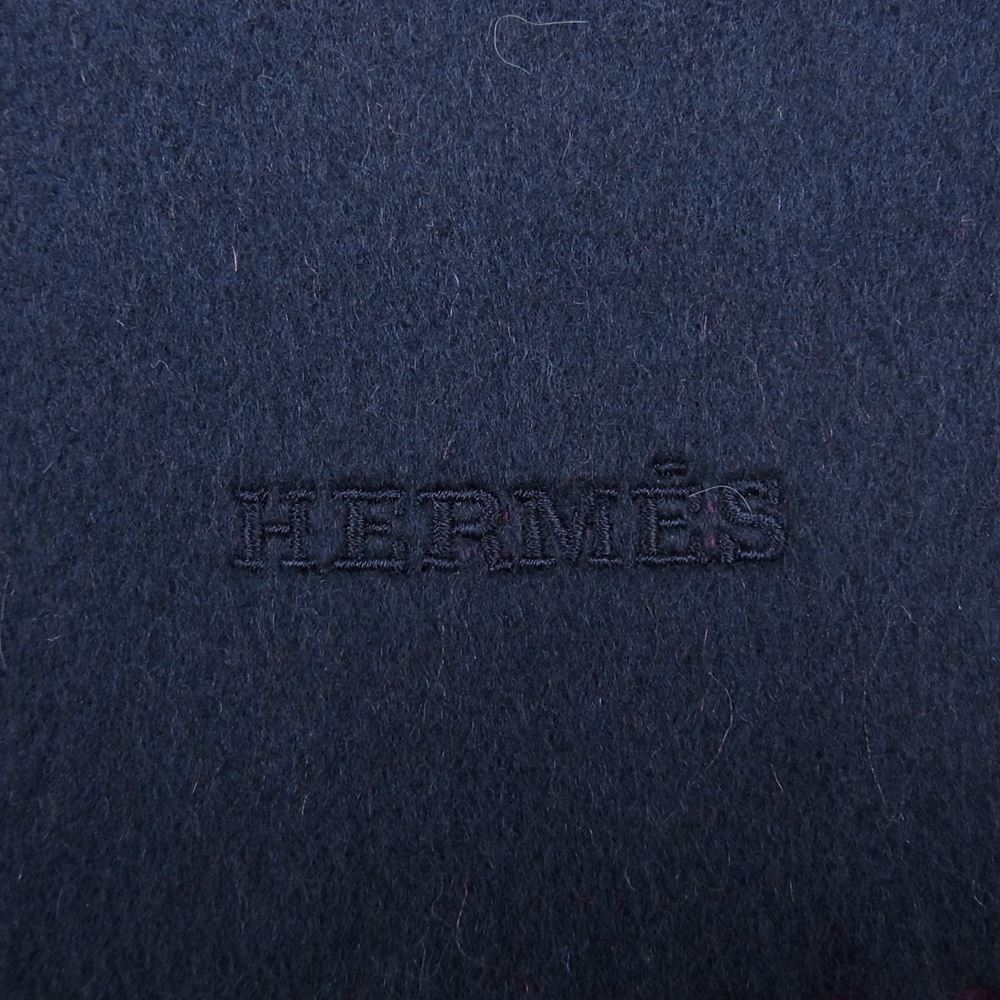 HERMES エルメス リバーシブル カシミヤ ロゴ刺繍 フリンジ マフラー ストール ネイビー系 パープル系【美品】【中古】