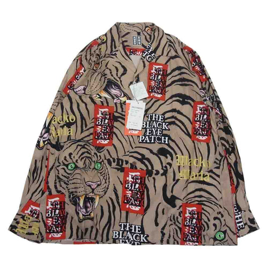 WACKO MARIA ワコマリア 22AW BEP-WM-HI03 BLACK EYE PATCH ブラックアイパッチ TIM LEHI ティムリーハイ HAWAIIAN SHIRT L/S ハワイアン 虎 総柄 レーヨン アロハ 長袖 シャツ ベージュ系 L【新古品】【未使用】【中古】
