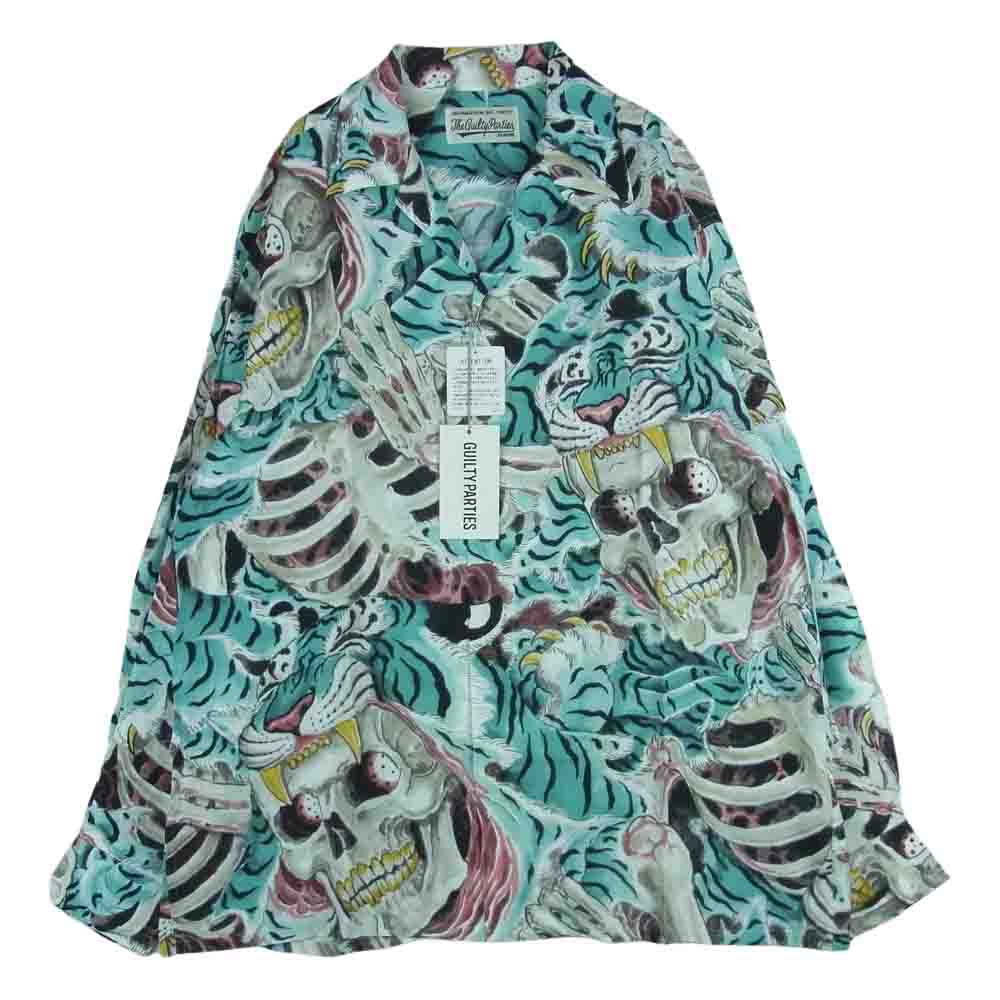 WACKO MARIA ワコマリア 22AW 22FW-WMS-HI02 TIM LEHI ティムリーハイ HAWAIIAN L/S SHIRT TYPE-2 ハワイアン 虎 総柄 レーヨン アロハ 長袖 シャツ ライトブルー系 L【新古品】【未使用】【中古】