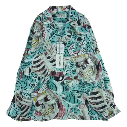 WACKO MARIA ワコマリア 22AW 22FW-WMS-HI02 TIM LEHI ティムリーハイ HAWAIIAN L/S SHIRT TYPE-2 ハワイアン 虎 総柄 レーヨン アロハ 長袖 シャツ ライトブルー系 L【新古品】【未使用】【中古】
