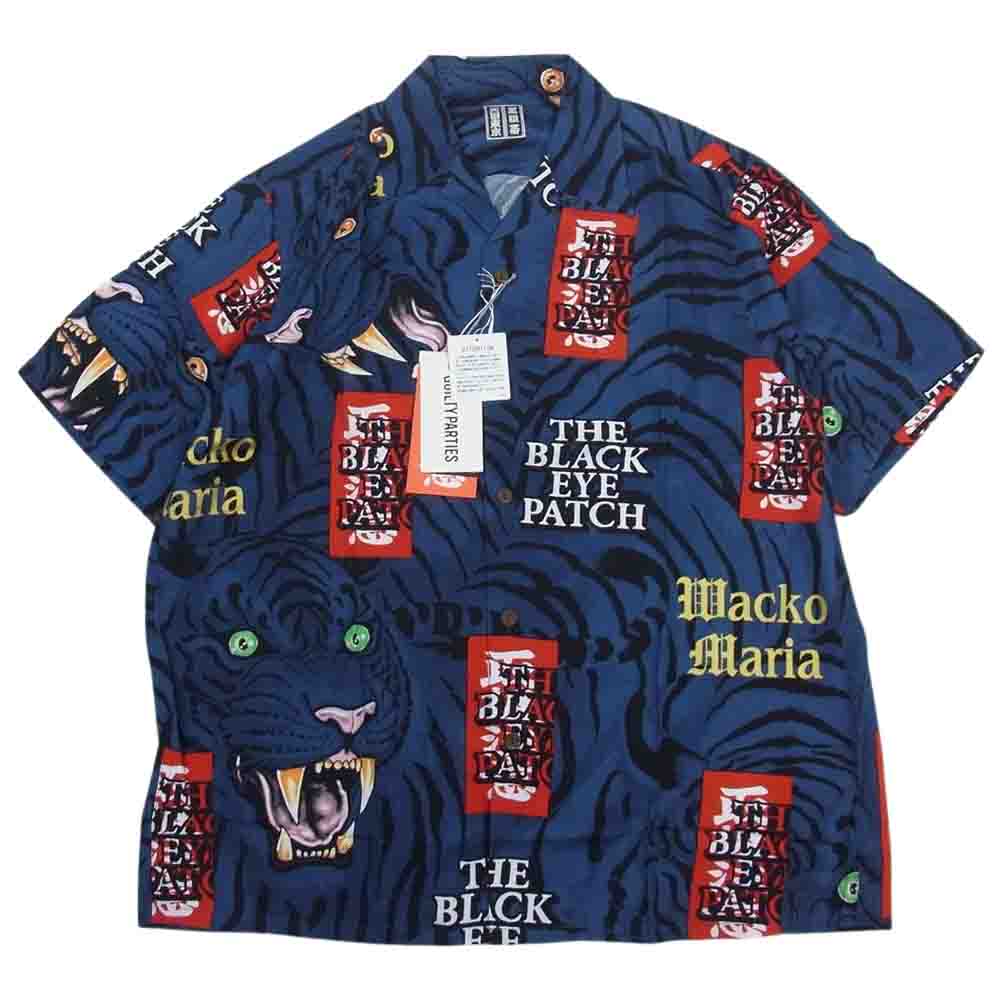 WACKO MARIA ワコマリア 22SS BEP-WM-HI01 BLACK EYE PATCH ブラックアイパッチ TIM LEHI ティムリーハイ HAWAIIAN SHIRT S/S ハワイアン 虎 総柄 レーヨン アロハ 半袖 シャツ ネイビー系 M【新古品】【未使用】【中古】