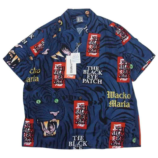 WACKO MARIA ワコマリア 22SS BEP-WM-HI01 BLACK EYE PATCH ブラックアイパッチ TIM LEHI ティムリーハイ HAWAIIAN SHIRT S/S ハワイアン 虎 総柄 レーヨン アロハ 半袖 シャツ ネイビー系 M【新古品】【未使用】【中古】
