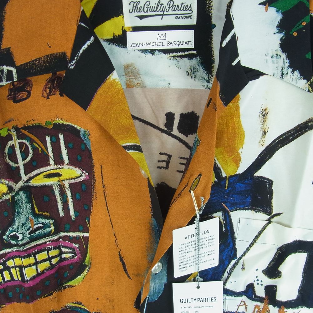 WACKO MARIA ワコマリア 22SS BASQUIAT-WM-HI10 JEAN-MICHEL BASQUIAT HAWAIIAN SHIRT L/S TYPE-2 ジャン ミシェル バスキア 総柄 ハワイアン レーヨン アロハ 長袖 シャツ ブラック系 オレンジ系 L【新古品】【未使用】【中古】