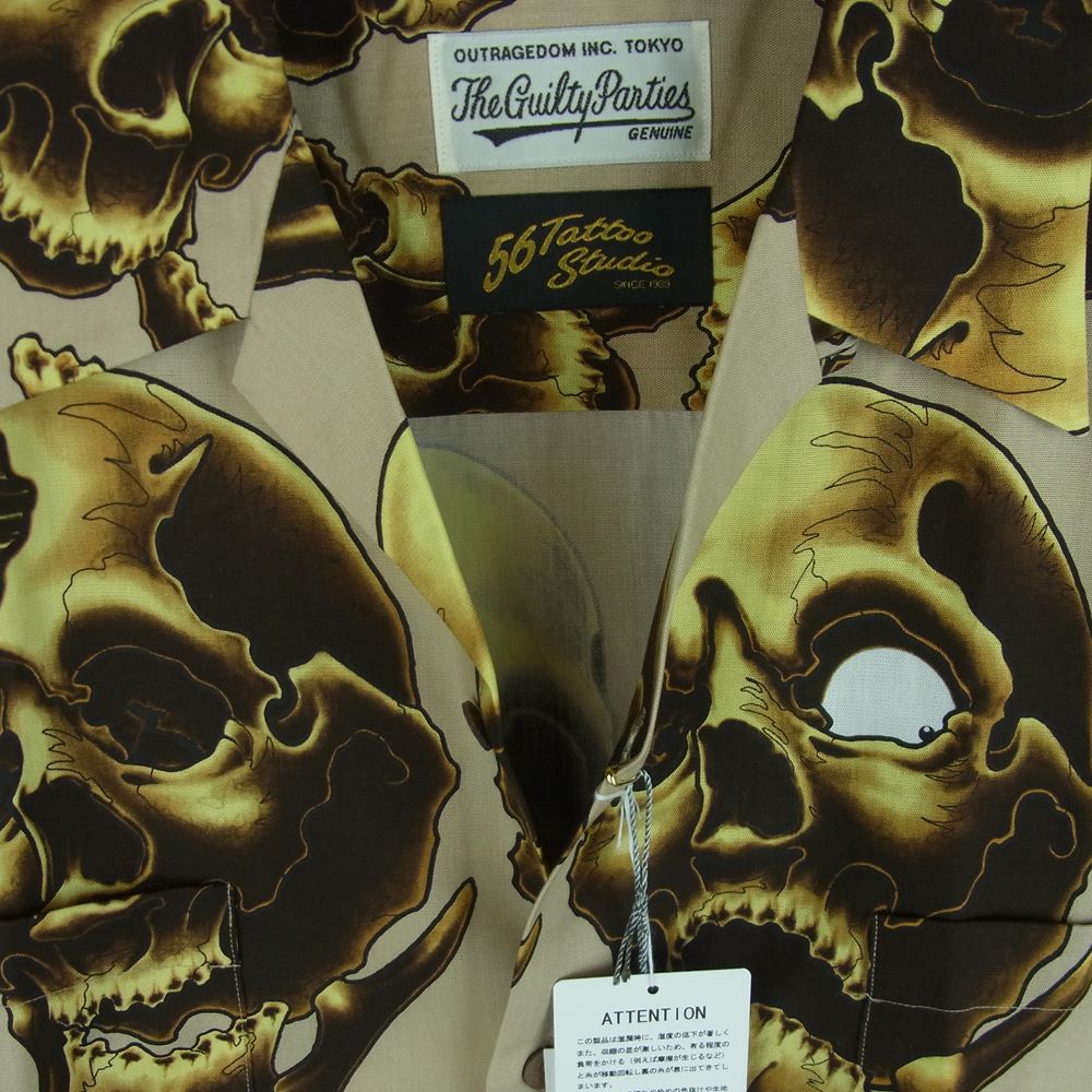 WACKO MARIA ワコマリア 21SS 56TS-WM-HI13 56 TATTOO STUDIO ゴロータトゥースタジオ HAWAIIAN SHIRT L/S TYPE 2 スカル 総柄 ハワイアン 長袖 シャツ ベージュ系 L【新古品】【未使用】【中古】
