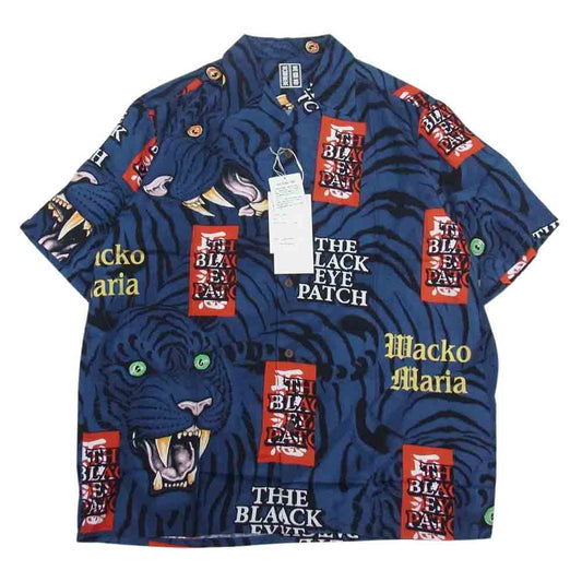 WACKO MARIA ワコマリア 22SS BEP-WM-HI01 BLACK EYE PATCH ブラックアイパッチ TIM LEHI ティムリーハイ HAWAIIAN SHIRT S/S ハワイアン 虎 総柄 レーヨン アロハ 半袖 シャツ ネイビー L ネイビー系 L【新古品】【未使用】【中古】