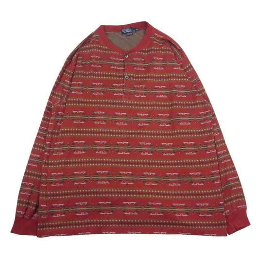 POLO RALPH LAUREN ポロ・ラルフローレン USA製 ネイティブ総柄 ヘンリーネック コットン ニット レッド系 XL【中古】