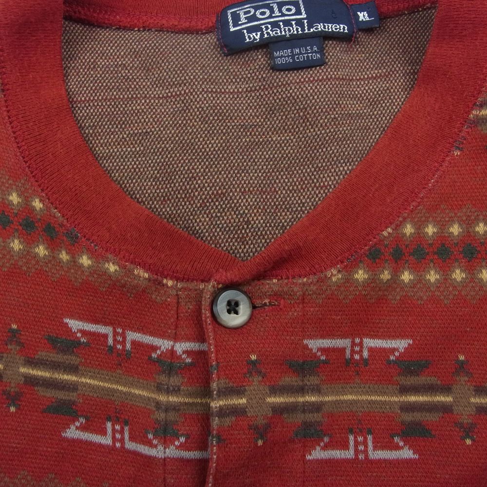 POLO RALPH LAUREN ポロ・ラルフローレン USA製 ネイティブ総柄 ヘンリーネック コットン ニット レッド系 XL【中古】