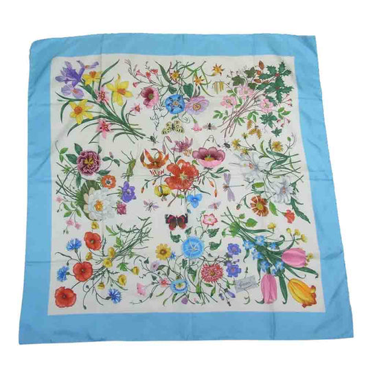 GUCCI グッチ オールド フラワー フローラ シルク スカーフ ブルー系【中古】