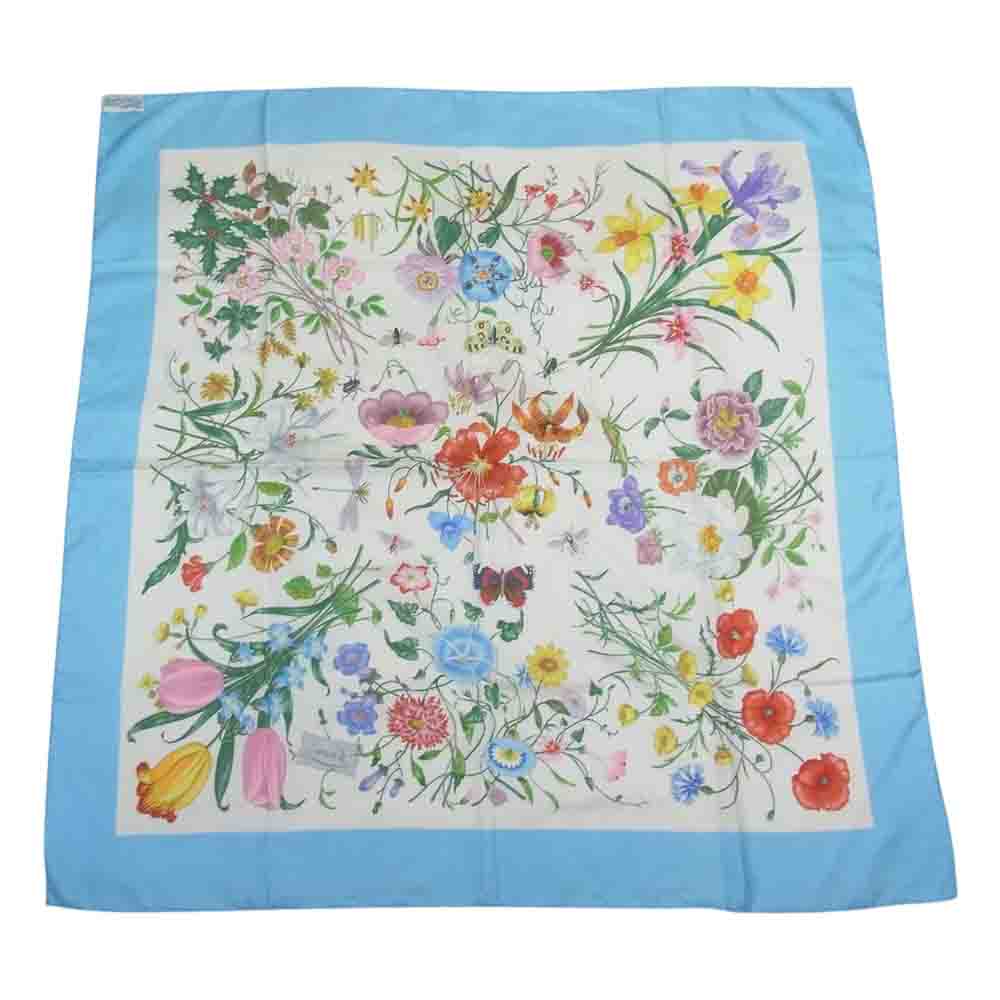 GUCCI グッチ オールド フラワー フローラ シルク スカーフ ブルー系【中古】