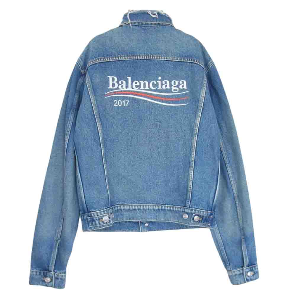 BALENCIAGA バレンシアガ 17AW 487342 TSB06 Back Campaign Logo バック キャンペーン ロゴ 刺繍 ダメージ加工 デニムジャケット インディゴブルー系 44【中古】