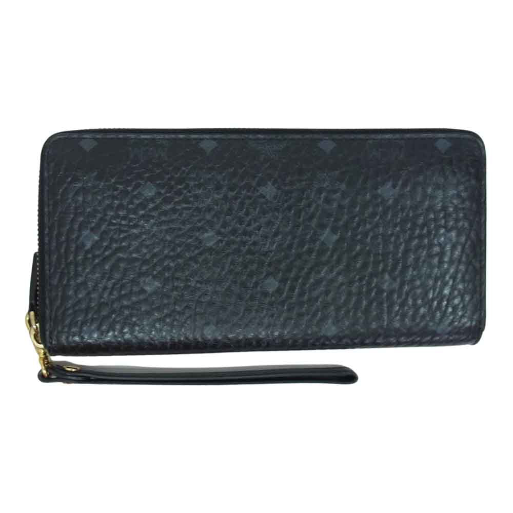 MCM エム・シー・エム ロゴ レザー ラウンドファスナー ロングウォレット 長財布 ブラック系【中古】