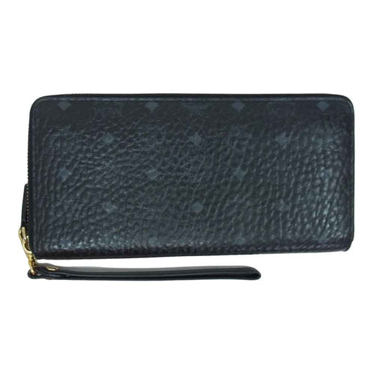 MCM エム・シー・エム ロゴ レザー ラウンドファスナー ロングウォレット 長財布 ブラック系【中古】