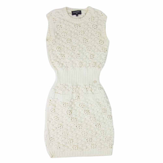 CHANEL シャネル P56168K07331 フランス製 コットン ニット ノースリーブ ワンピース オフホワイト系 36【中古】