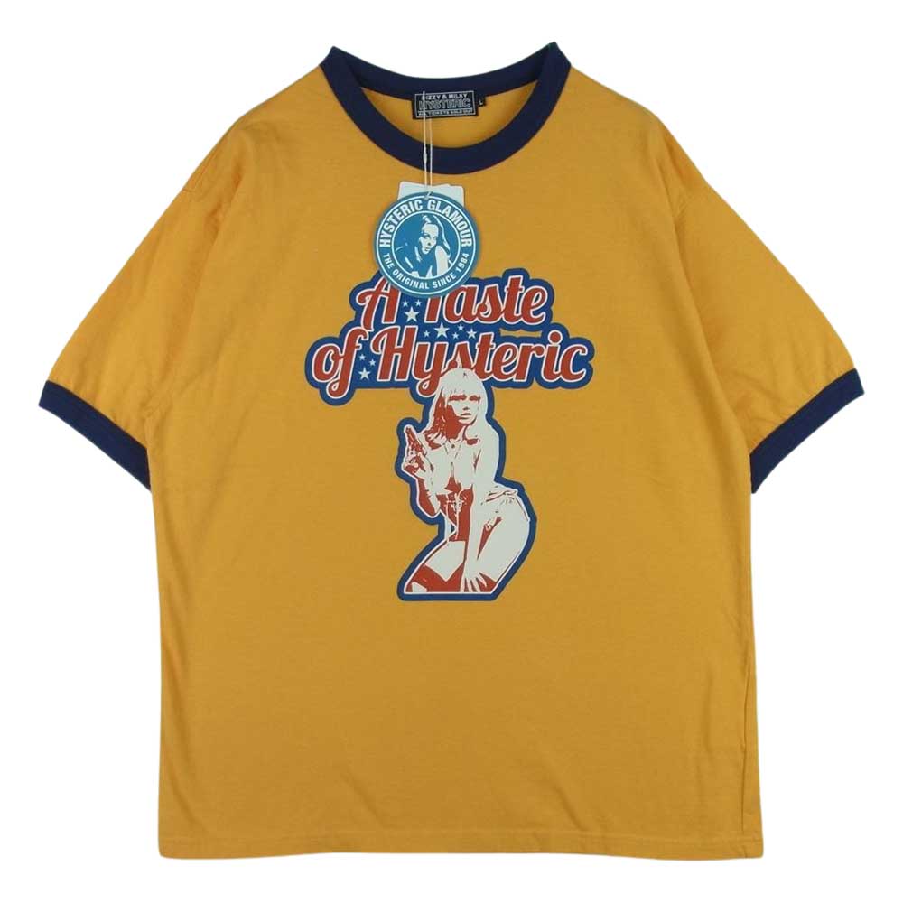 HYSTERIC GLAMOUR ヒステリックグラマー 23SS 02232CT08 TASTE OF HYSTERIC テイスト オブ ヒステリック リンガー 半袖 Tシャツ イエロー系 ネイビー系 L【新古品】【未使用】【中古】
