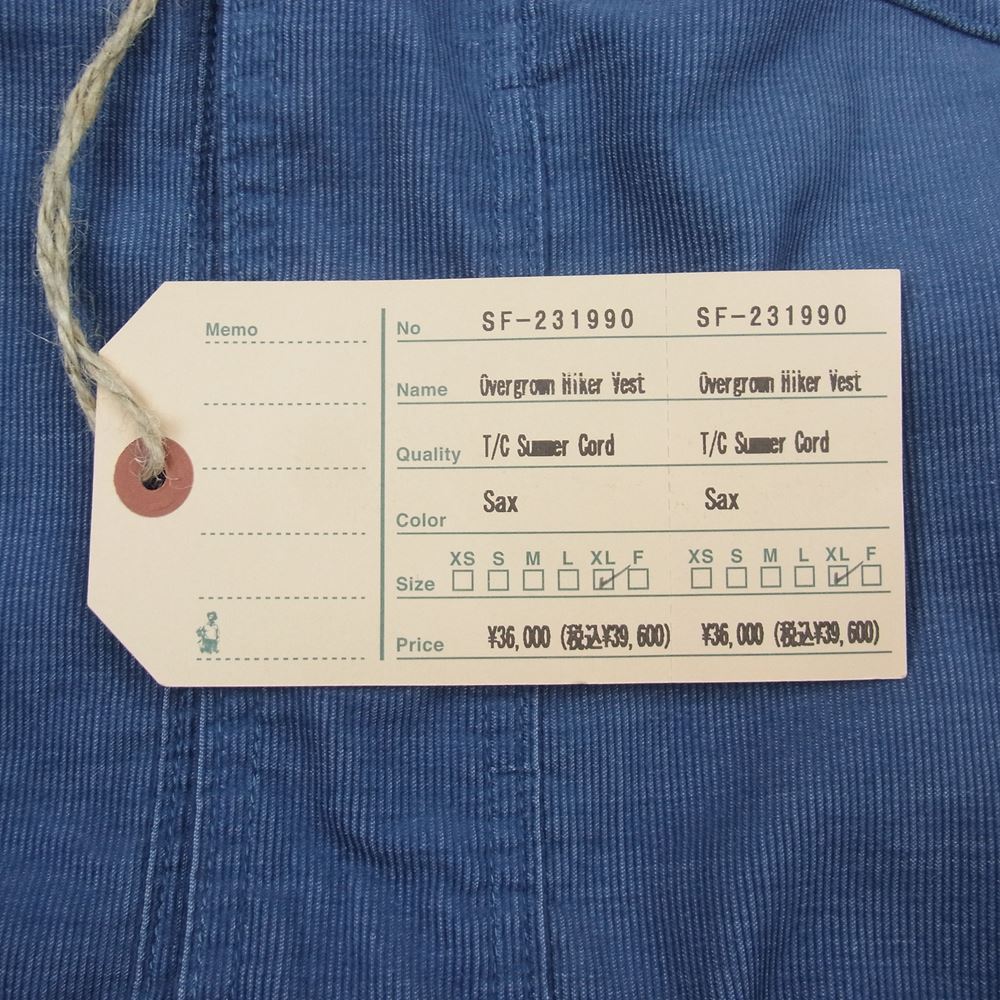SASAFRAS ササフラス SF-231990 Overgrown Hiker Vest T/C Summer Cord オーバーグロウン ハイカー ベスト サマー コーデュロイ ピケ ブルー系 XL【新古品】【未使用】【中古】