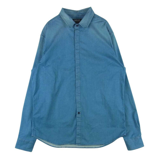 REPLAY リプレイ 514914159 国内正規品 HYPERFLEX ハイパーフレックス 7.5オンス 比翼 ストレッチ デニム 長袖 シャツ インディゴブルー系 XL【中古】