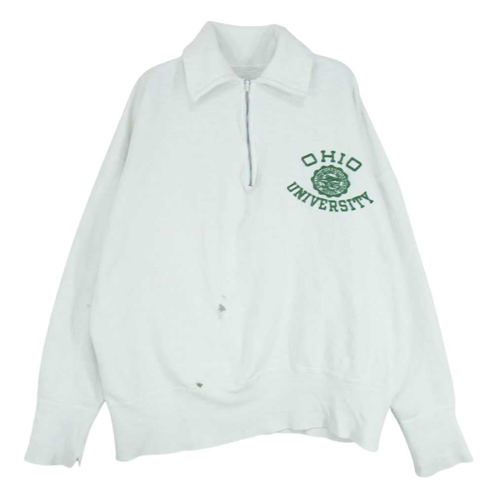 ヴィンテージ ビンテージ 50s CROWN ZIP 片爪 襟付き カレッジプリント ハーフジップ スウェット ホワイト系 サイズ表記無【中古】