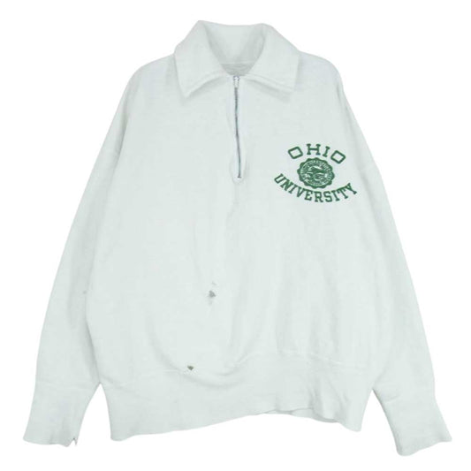 ヴィンテージ ビンテージ 50s CROWN ZIP 片爪 襟付き カレッジプリント ハーフジップ スウェット ホワイト系 サイズ表記無【中古】